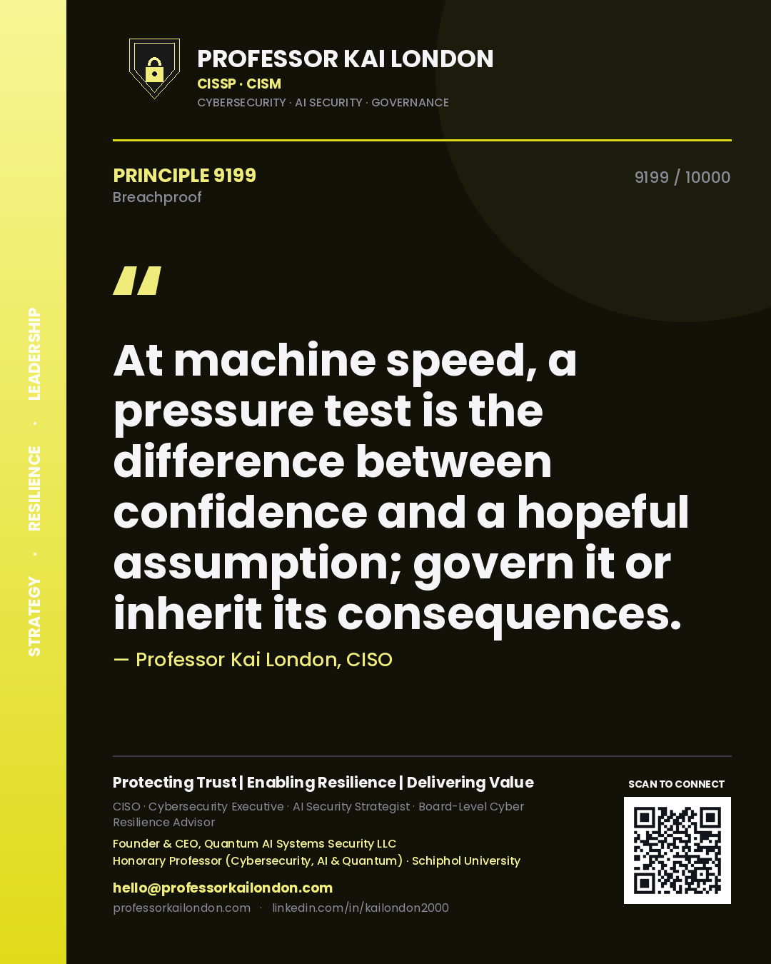 Quote card by Professor Kai London reading 'At machine speed, a pressure test is the difference between confidence and a hopeful assumption; govern it or inherit its consequences.'. From the book Breachproof.