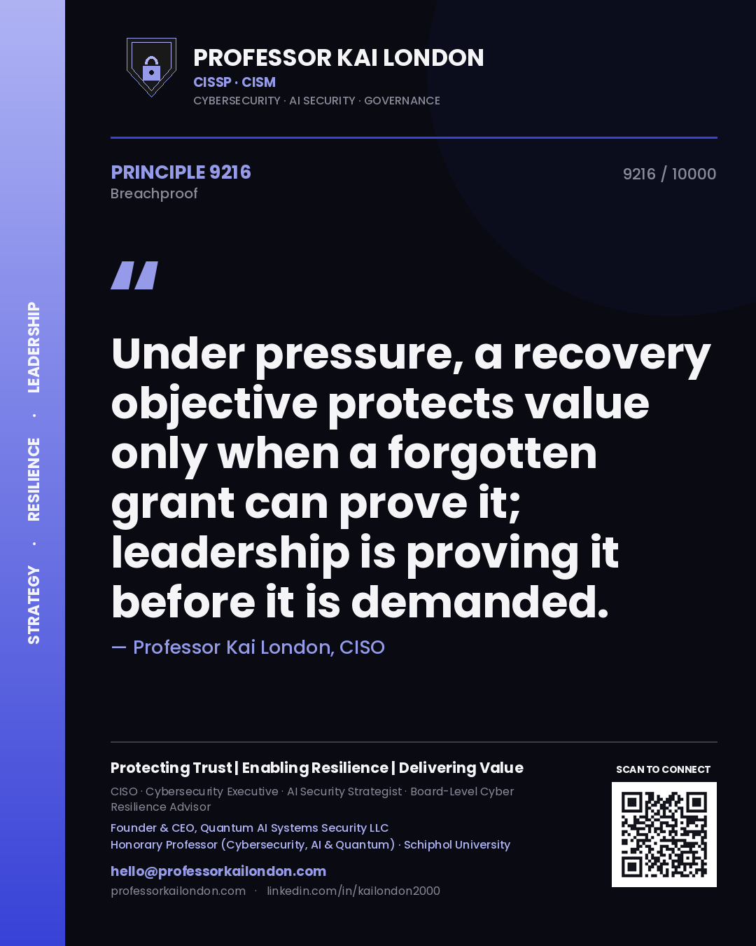 Quote card by Professor Kai London reading 'Under pressure, a recovery objective protects value only when a forgotten grant can prove it; leadership is proving it before it is demanded.'. From the book Breachproof.