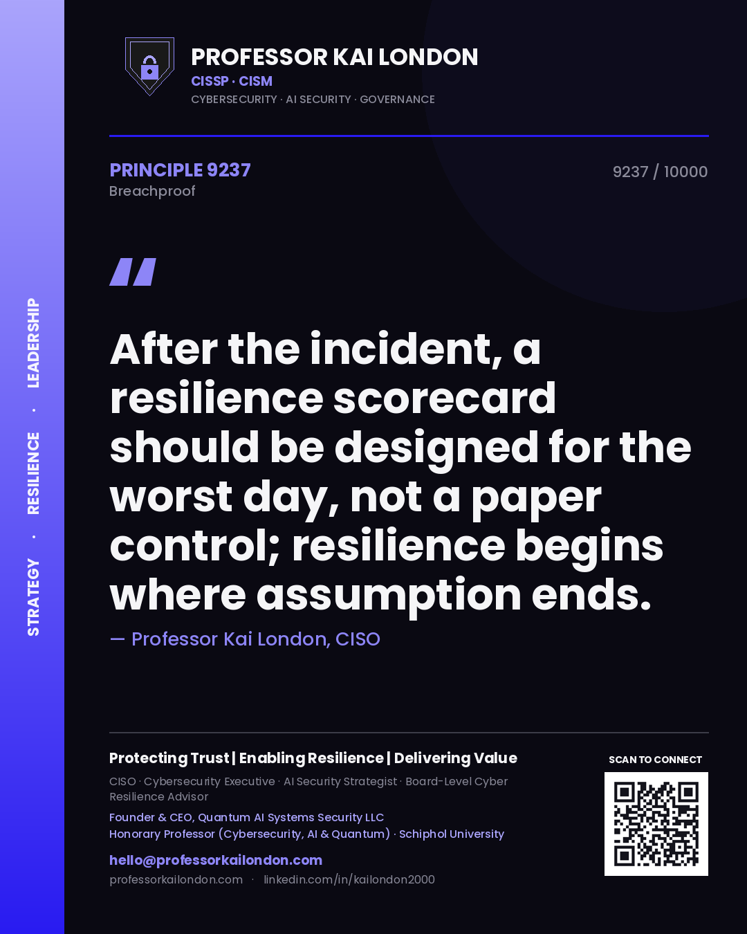 Quote card by Professor Kai London reading 'After the incident, a resilience scorecard should be designed for the worst day, not a paper control; resilience begins where assumption ends.'. From the book Breachproof.