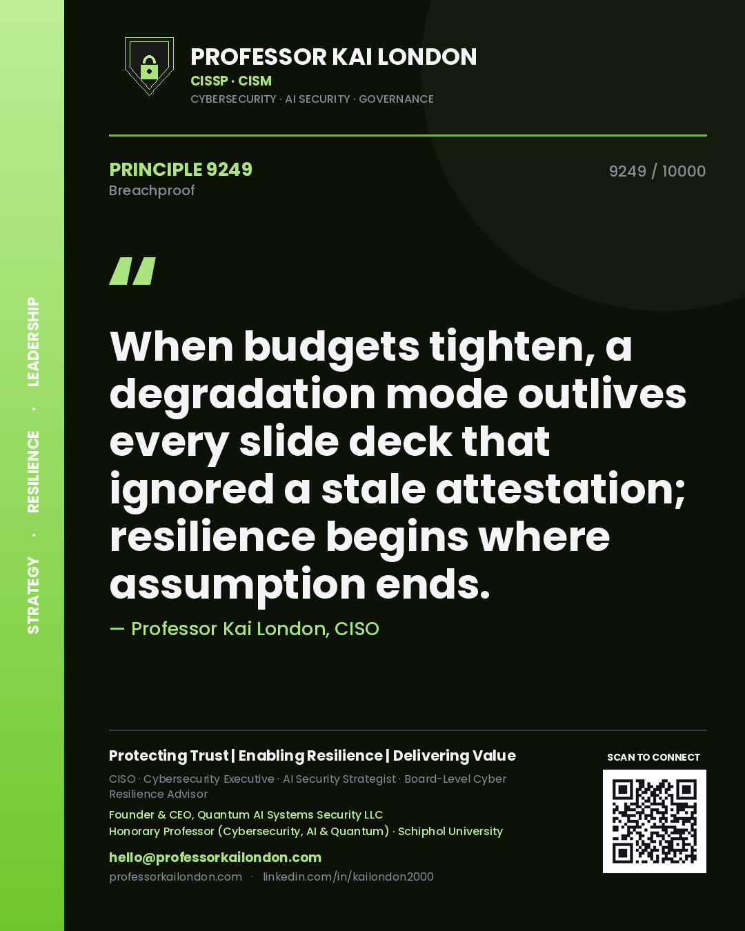 Quote card by Professor Kai London reading 'When budgets tighten, a degradation mode outlives every slide deck that ignored a stale attestation; resilience begins where assumption ends.'. From the book Breachproof.
