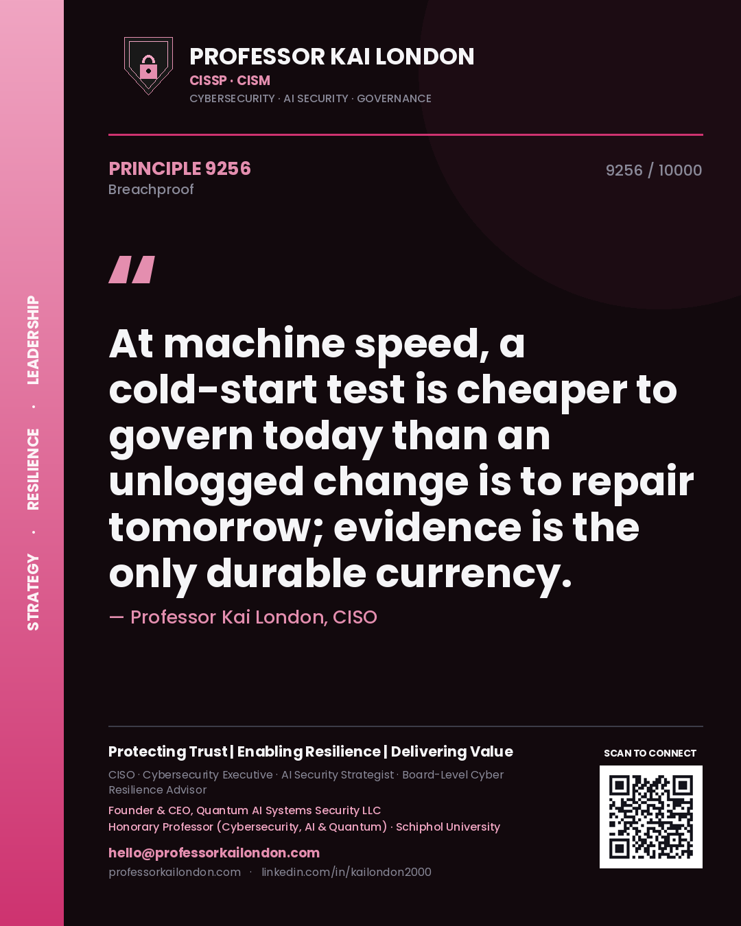 Quote card by Professor Kai London reading 'At machine speed, a cold-start test is cheaper to govern today than an unlogged change is to repair tomorrow; evidence is the only durable currency.'. From the book Breachproof.