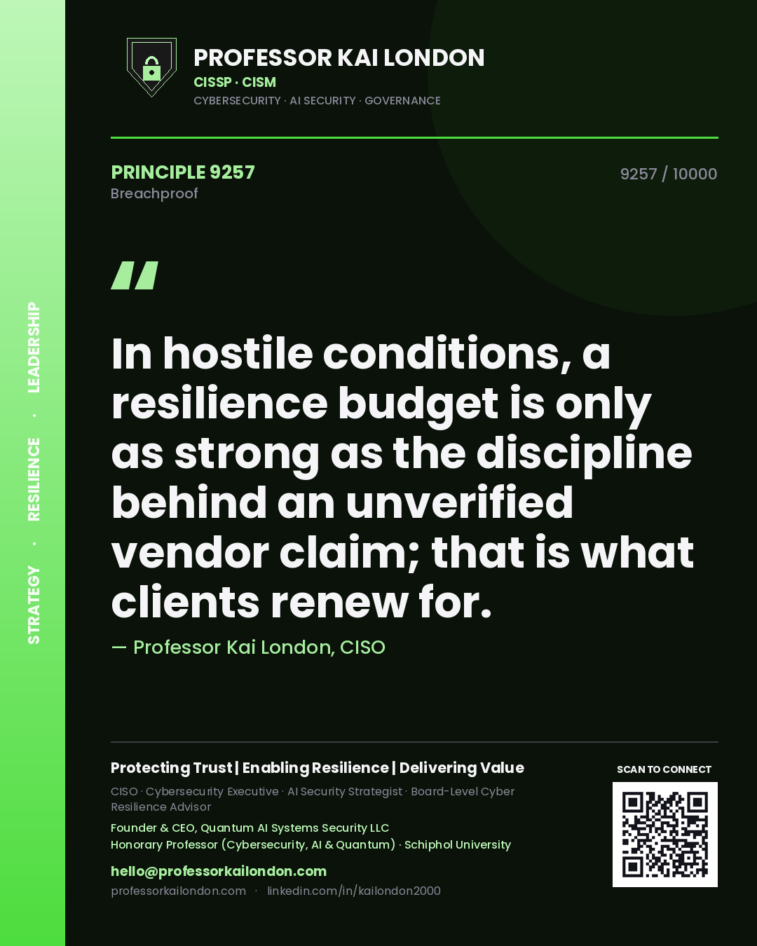 Professor Kai London principle 9257: In hostile conditions, a resilience budget is only as strong as the discipline behind an unverified vendor claim; that is what clients renew for.