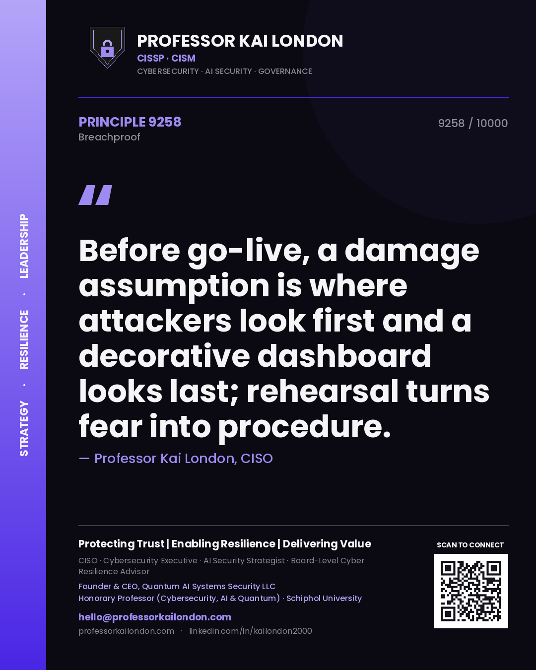 Quote card by Professor Kai London reading 'Before go-live, a damage assumption is where attackers look first and a decorative dashboard looks last; rehearsal turns fear into procedure.'. From the book Breachproof.
