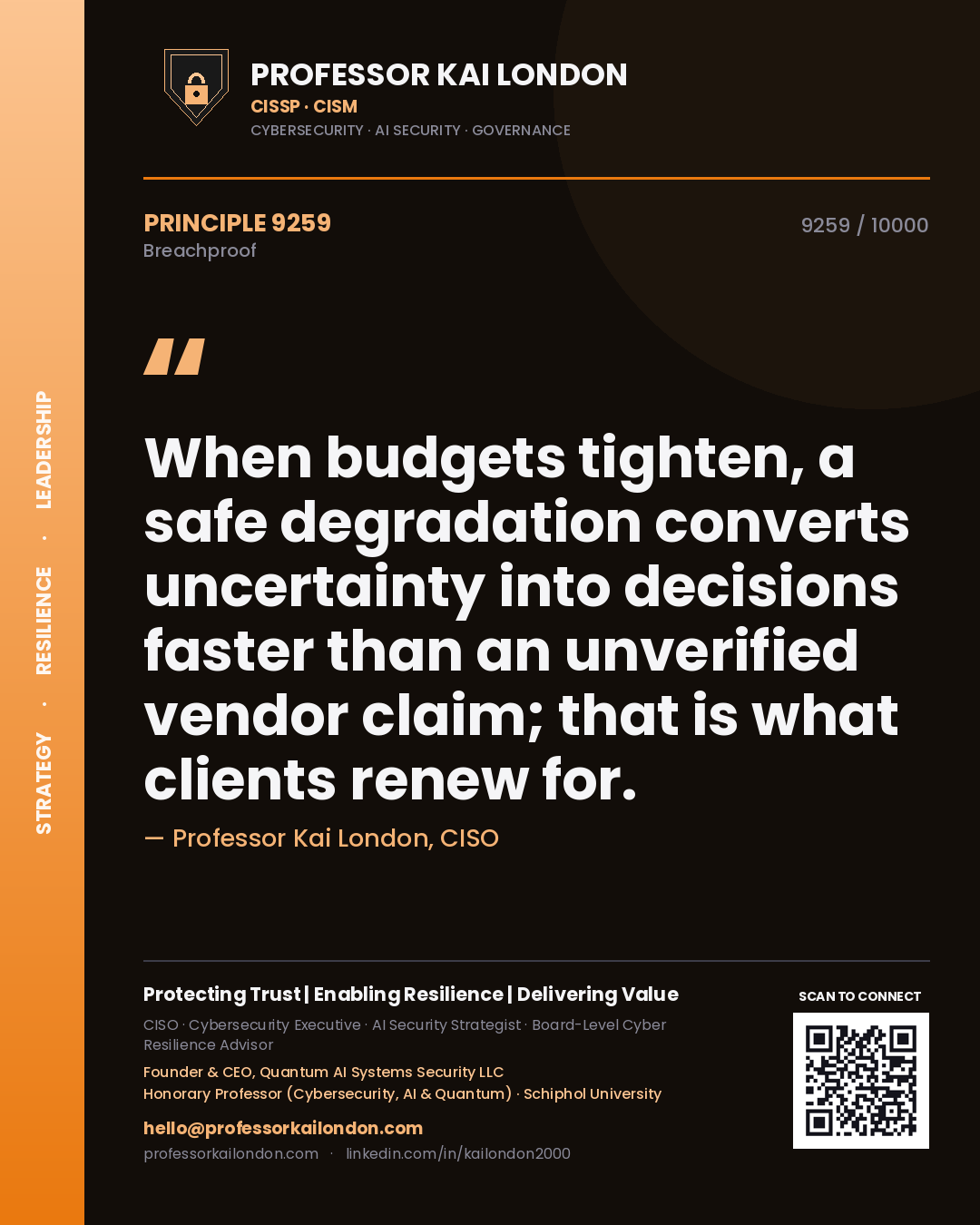 Professor Kai London principle 9259: When budgets tighten, a safe degradation converts uncertainty into decisions faster than an unverified vendor claim; that is what clients renew for.