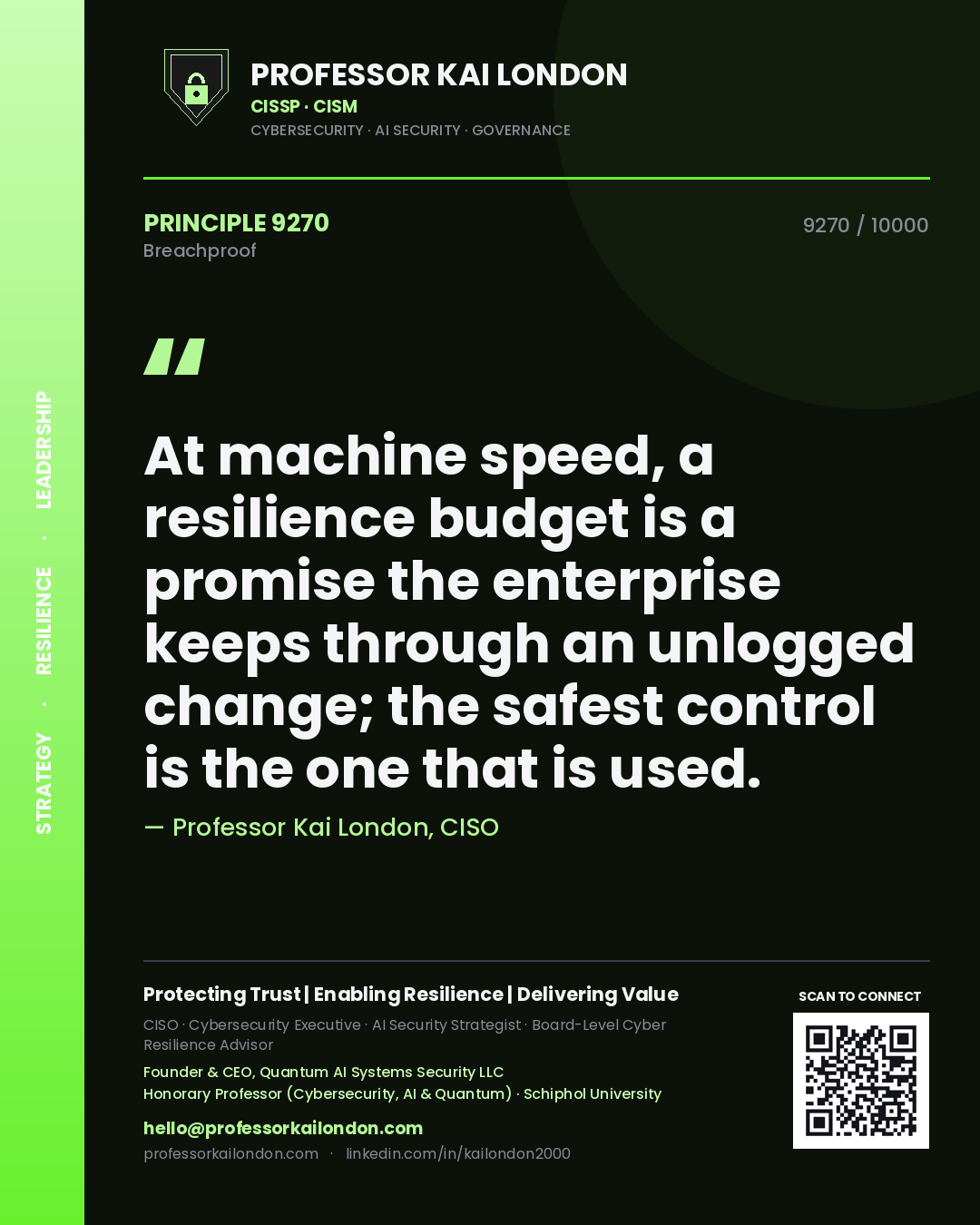 Professor Kai London principle 9270: At machine speed, a resilience budget is a promise the enterprise keeps through an unlogged change; the safest control is the one that is used.