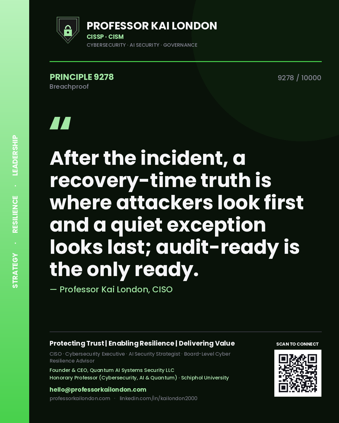 Quote card by Professor Kai London reading 'After the incident, a recovery-time truth is where attackers look first and a quiet exception looks last; audit-ready is the only ready.'. From the book Breachproof.