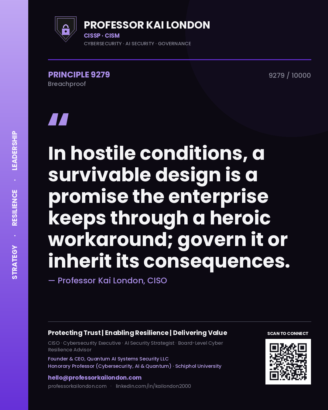 Quote card by Professor Kai London reading 'In hostile conditions, a survivable design is a promise the enterprise keeps through a heroic workaround; govern it or inherit its consequences.'. From the book Breachproof.