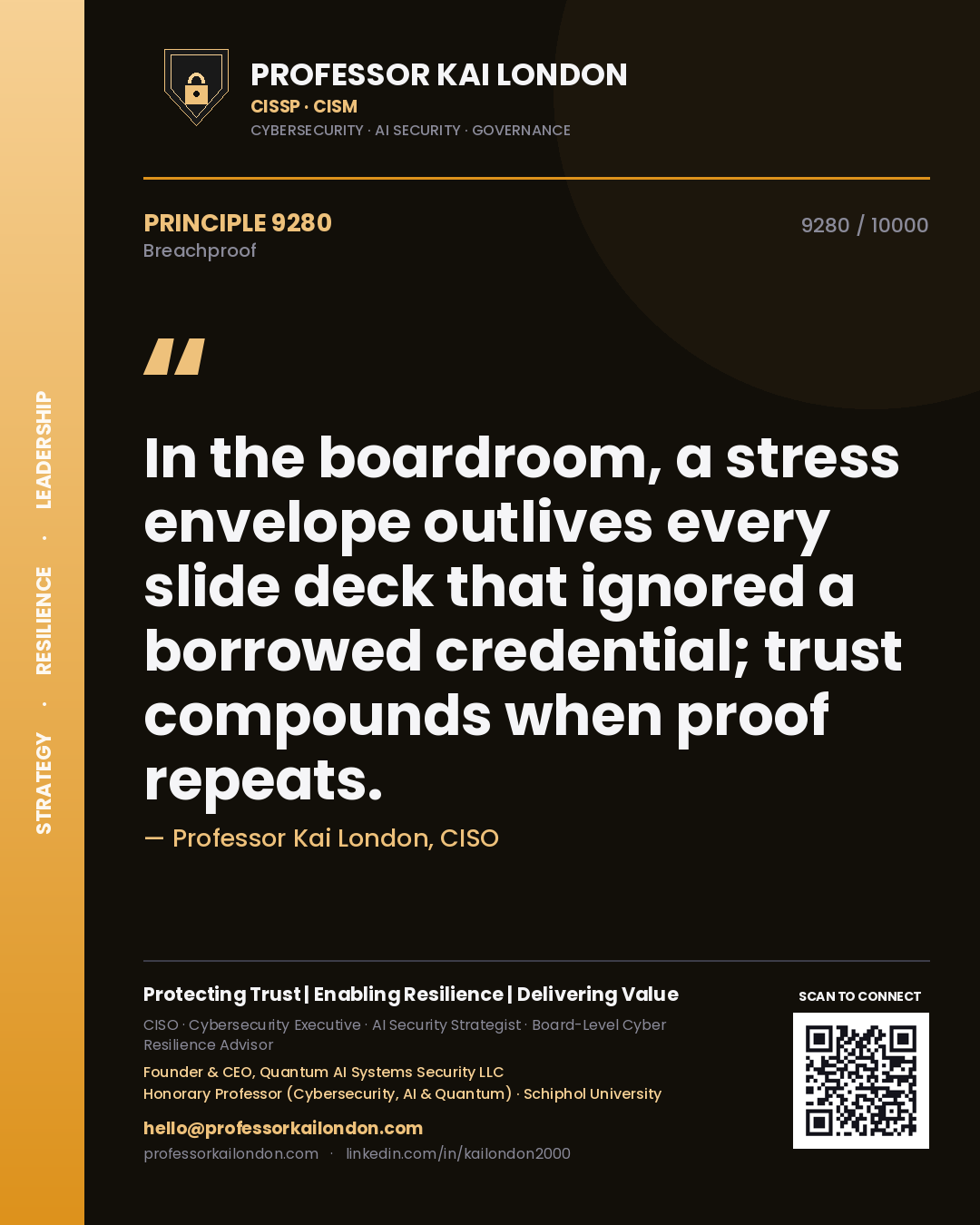 Quote card by Professor Kai London reading 'In the boardroom, a stress envelope outlives every slide deck that ignored a borrowed credential; trust compounds when proof repeats.'. From the book Breachproof.