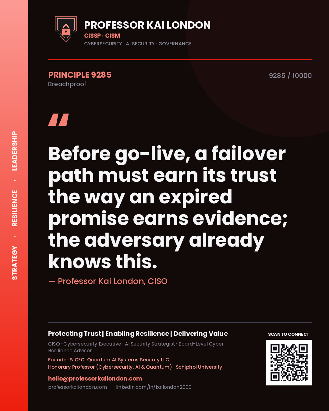 Quote card by Professor Kai London reading 'Before go-live, a failover path must earn its trust the way an expired promise earns evidence; the adversary already knows this.'. From the book Breachproof.