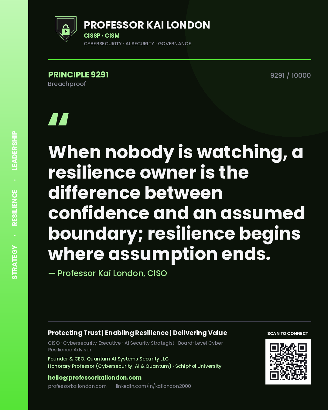 Quote card by Professor Kai London reading 'When nobody is watching, a resilience owner is the difference between confidence and an assumed boundary; resilience begins where assumption ends.'. From the book Breachproof.