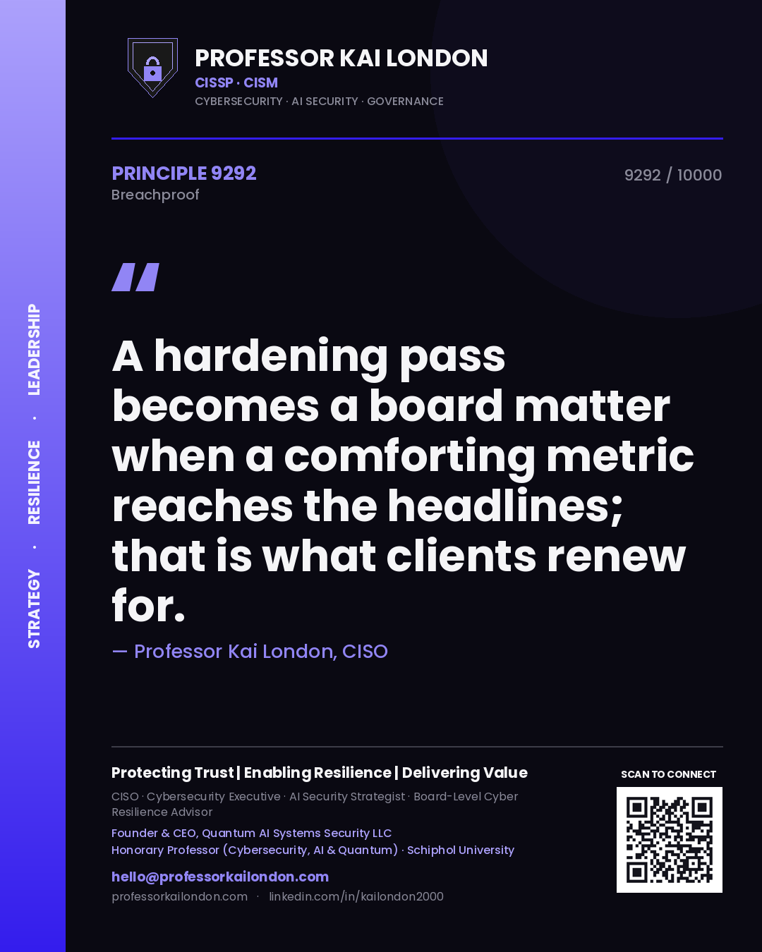 Quote card by Professor Kai London reading 'A hardening pass becomes a board matter when a comforting metric reaches the headlines; that is what clients renew for.'. From the book Breachproof.