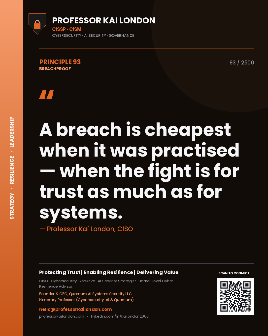 Quote card by Professor Kai London reading 'A breach is cheapest when it was practised — when the fight is for trust as much as for systems.'. From the book Breachproof.