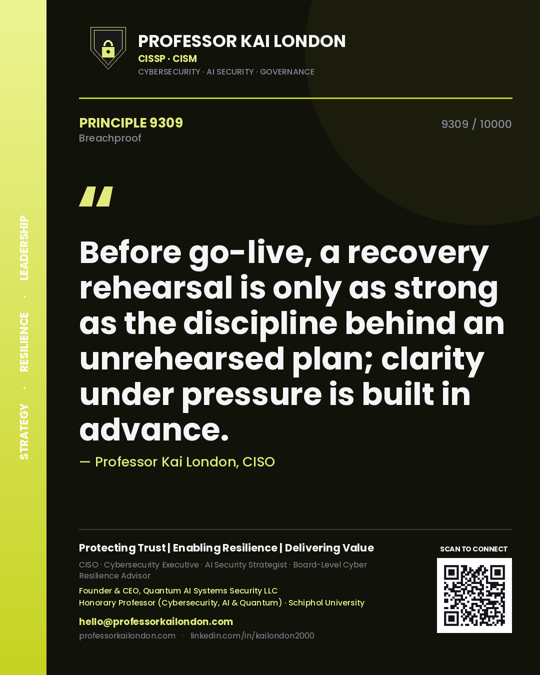 Quote card by Professor Kai London reading 'Before go-live, a recovery rehearsal is only as strong as the discipline behind an unrehearsed plan; clarity under pressure is built in advance.'. From the book Breachproof.