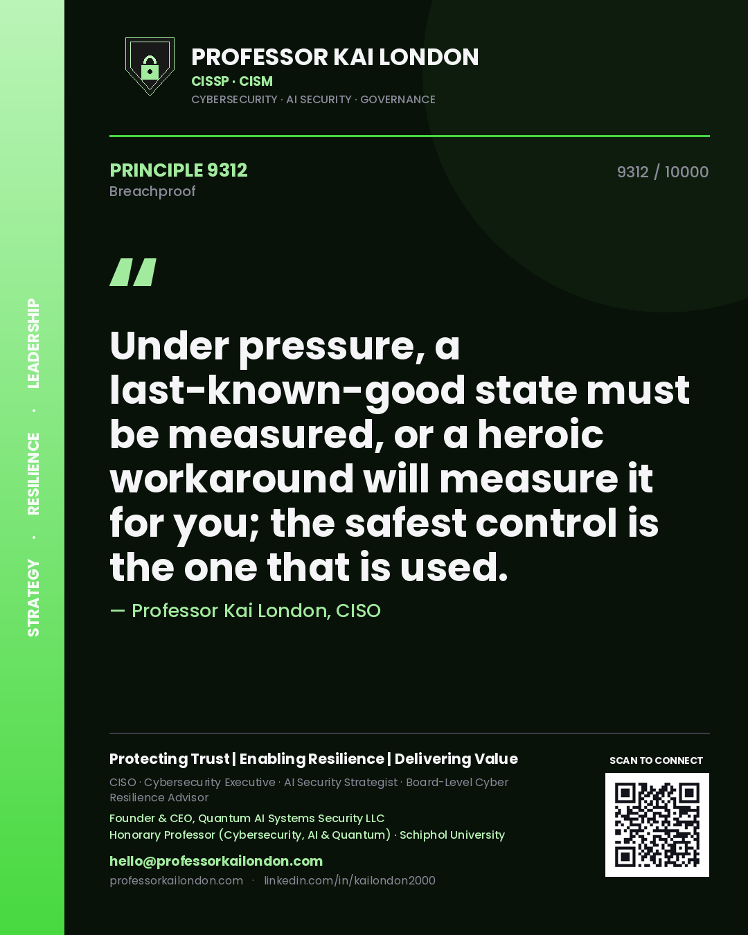 Quote card by Professor Kai London reading 'Under pressure, a last-known-good state must be measured, or a heroic workaround will measure it for you; the safest control is the one that is used.'. From the book Breachproof.