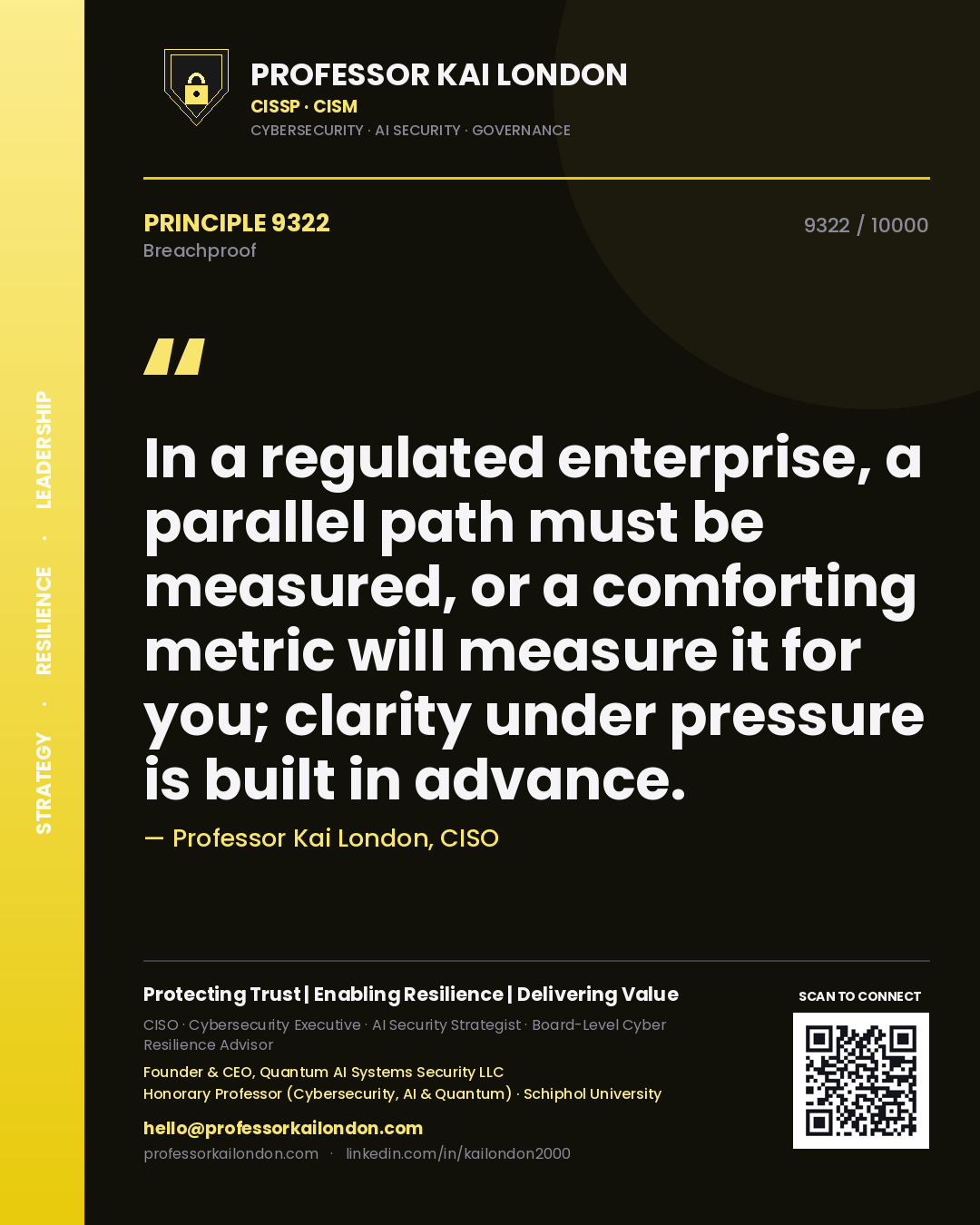 Quote card by Professor Kai London reading 'In a regulated enterprise, a parallel path must be measured, or a comforting metric will measure it for you; clarity under pressure is built in advance.'. From the book Breachproof.