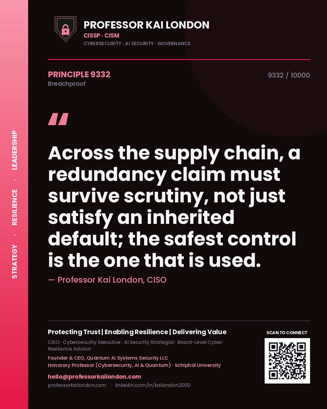 Quote card by Professor Kai London reading 'Across the supply chain, a redundancy claim must survive scrutiny, not just satisfy an inherited default; the safest control is the one that is used.'. From the book Breachproof.