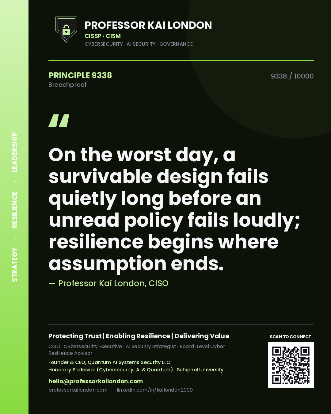 Quote card by Professor Kai London reading 'On the worst day, a survivable design fails quietly long before an unread policy fails loudly; resilience begins where assumption ends.'. From the book Breachproof.