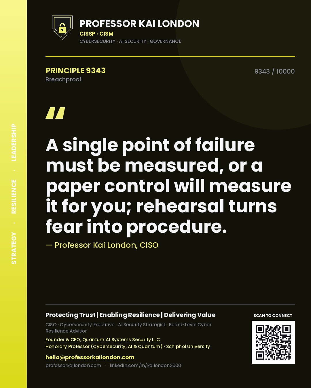Quote card by Professor Kai London reading 'A single point of failure must be measured, or a paper control will measure it for you; rehearsal turns fear into procedure.'. From the book Breachproof.
