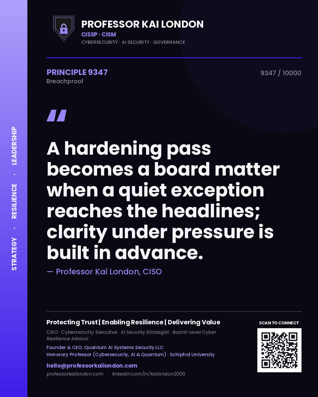 Quote card by Professor Kai London reading 'A hardening pass becomes a board matter when a quiet exception reaches the headlines; clarity under pressure is built in advance.'. From the book Breachproof.