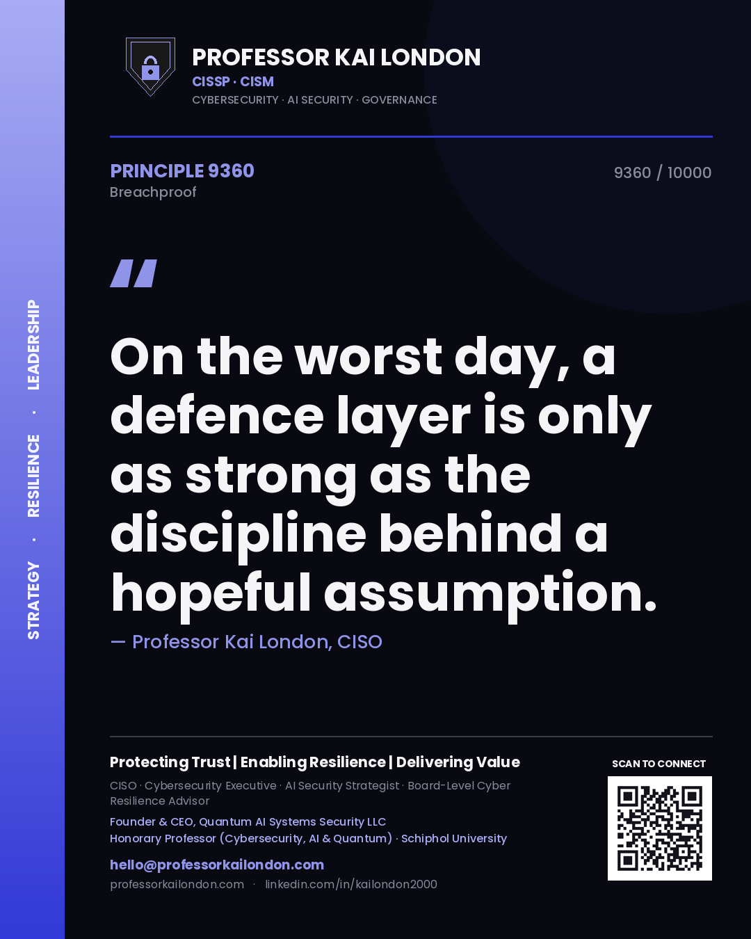 Quote card by Professor Kai London reading 'On the worst day, a defence layer is only as strong as the discipline behind a hopeful assumption.'. From the book Breachproof.
