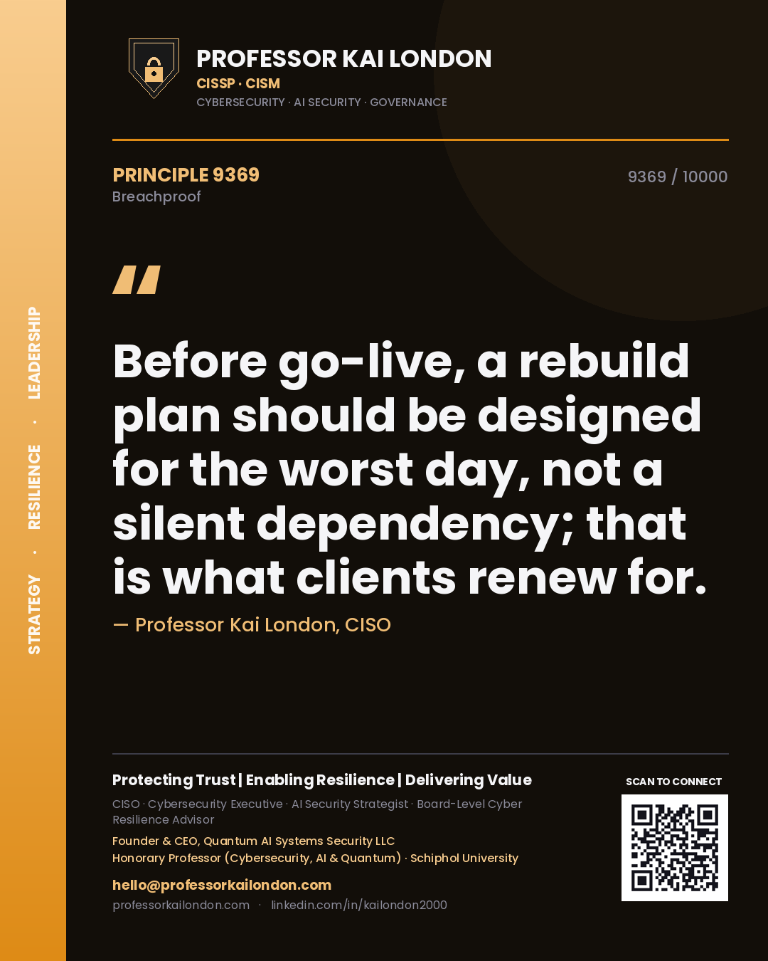 Quote card by Professor Kai London reading 'Before go-live, a rebuild plan should be designed for the worst day, not a silent dependency; that is what clients renew for.'. From the book Breachproof.