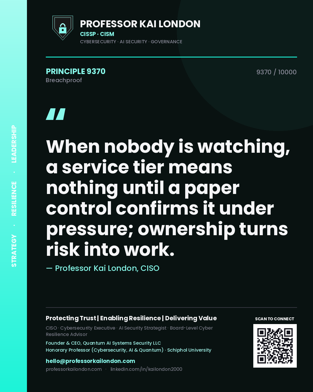 Quote card by Professor Kai London reading 'When nobody is watching, a service tier means nothing until a paper control confirms it under pressure; ownership turns risk into work.'. From the book Breachproof.