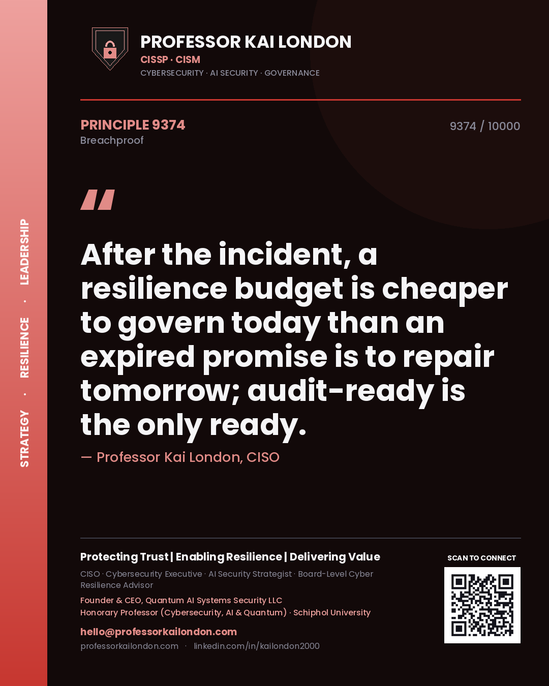 Quote card by Professor Kai London reading 'After the incident, a resilience budget is cheaper to govern today than an expired promise is to repair tomorrow; audit-ready is the only ready.'. From the book Breachproof.