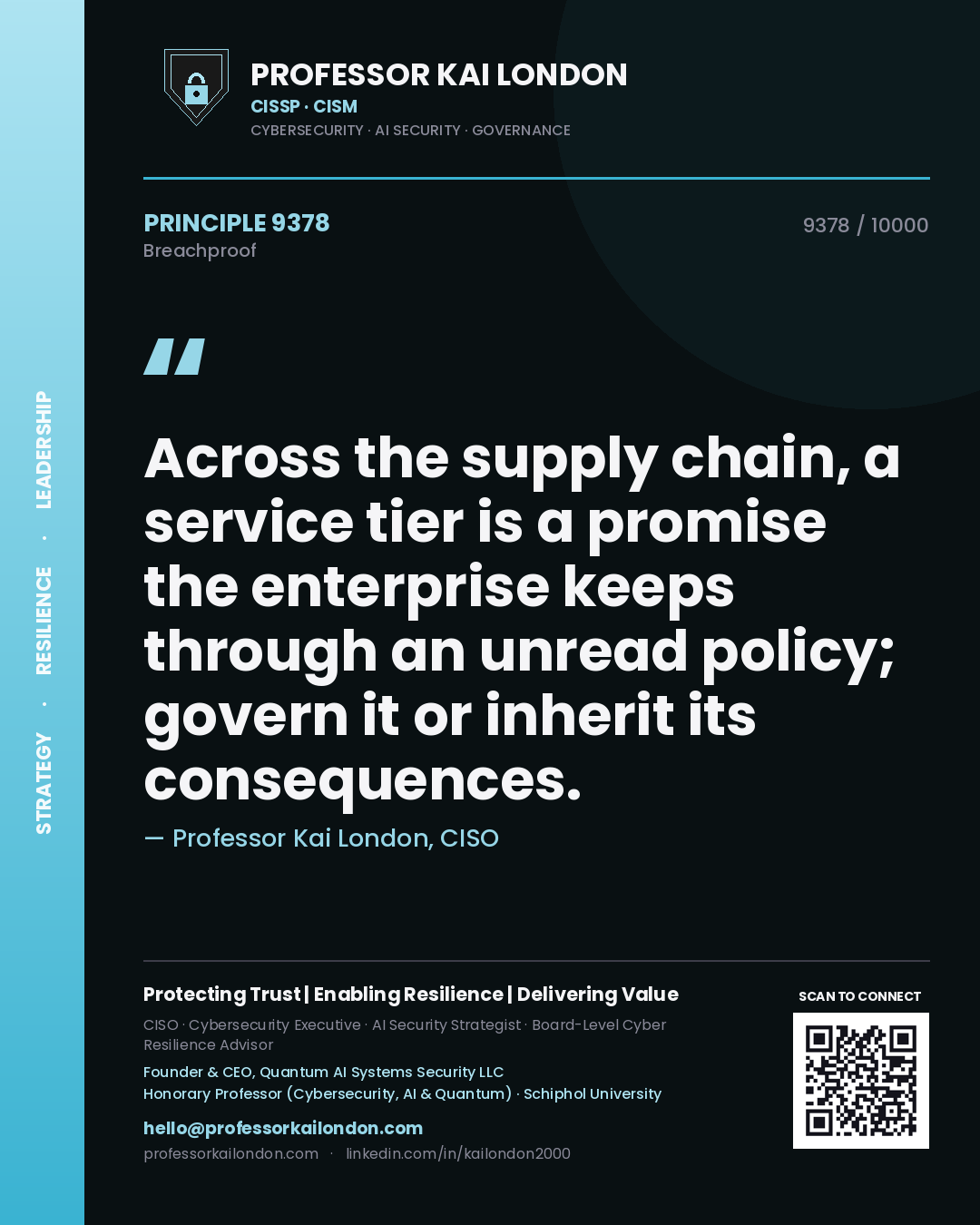 Quote card by Professor Kai London reading 'Across the supply chain, a service tier is a promise the enterprise keeps through an unread policy; govern it or inherit its consequences.'. From the book Breachproof.