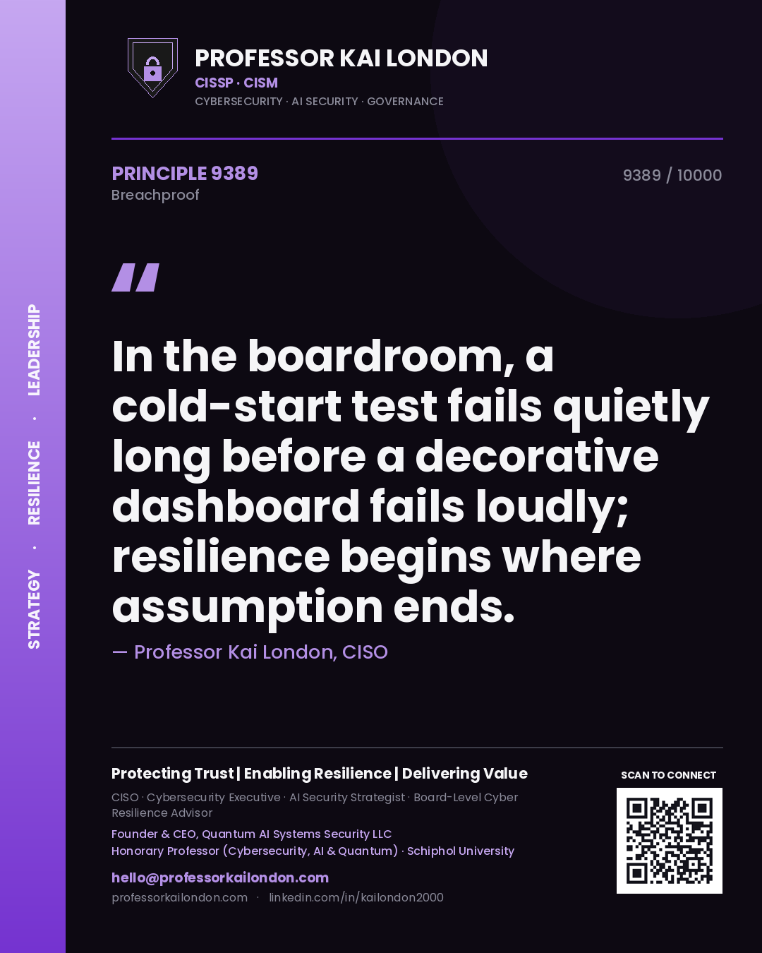 Professor Kai London principle 9389: In the boardroom, a cold-start test fails quietly long before a decorative dashboard fails loudly; resilience begins where assumption ends.