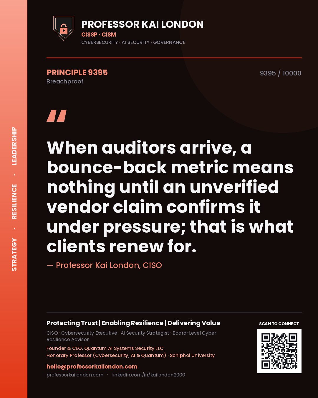 Quote card by Professor Kai London reading 'When auditors arrive, a bounce-back metric means nothing until an unverified vendor claim confirms it under pressure; that is what clients renew for.'. From the book Breachproof.
