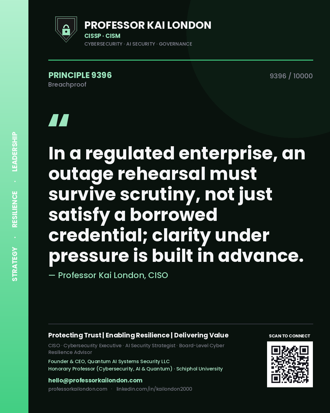 Quote card by Professor Kai London reading 'In a regulated enterprise, an outage rehearsal must survive scrutiny, not just satisfy a borrowed credential; clarity under pressure is built in advance.'. From the book Breachproof.