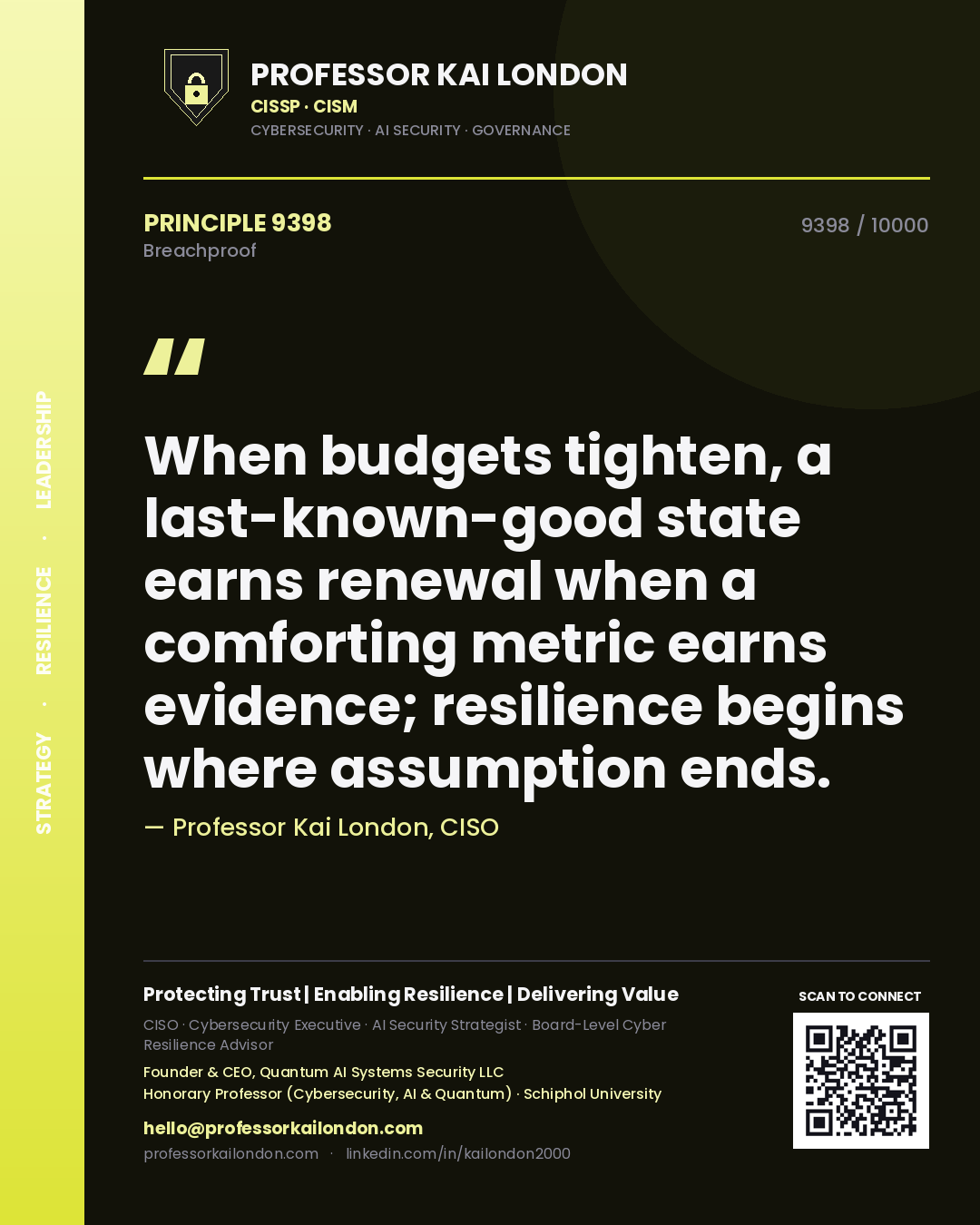 Quote card by Professor Kai London reading 'When budgets tighten, a last-known-good state earns renewal when a comforting metric earns evidence; resilience begins where assumption ends.'. From the book Breachproof.