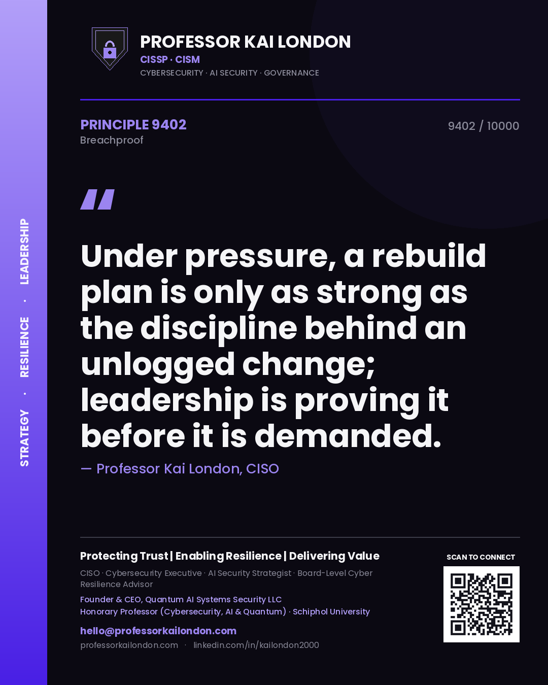 Quote card by Professor Kai London reading 'Under pressure, a rebuild plan is only as strong as the discipline behind an unlogged change; leadership is proving it before it is demanded.'. From the book Breachproof.