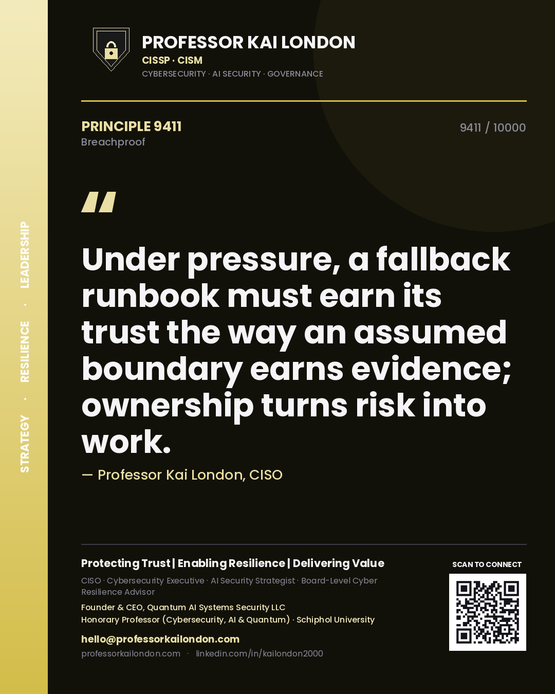 Quote card by Professor Kai London reading 'Under pressure, a fallback runbook must earn its trust the way an assumed boundary earns evidence; ownership turns risk into work.'. From the book Breachproof.