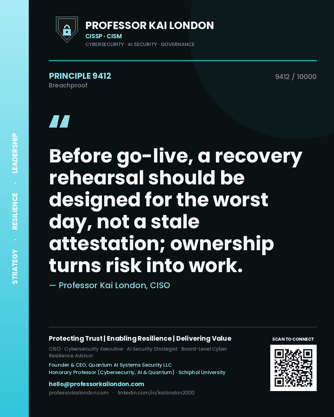 Quote card by Professor Kai London reading 'Before go-live, a recovery rehearsal should be designed for the worst day, not a stale attestation; ownership turns risk into work.'. From the book Breachproof.