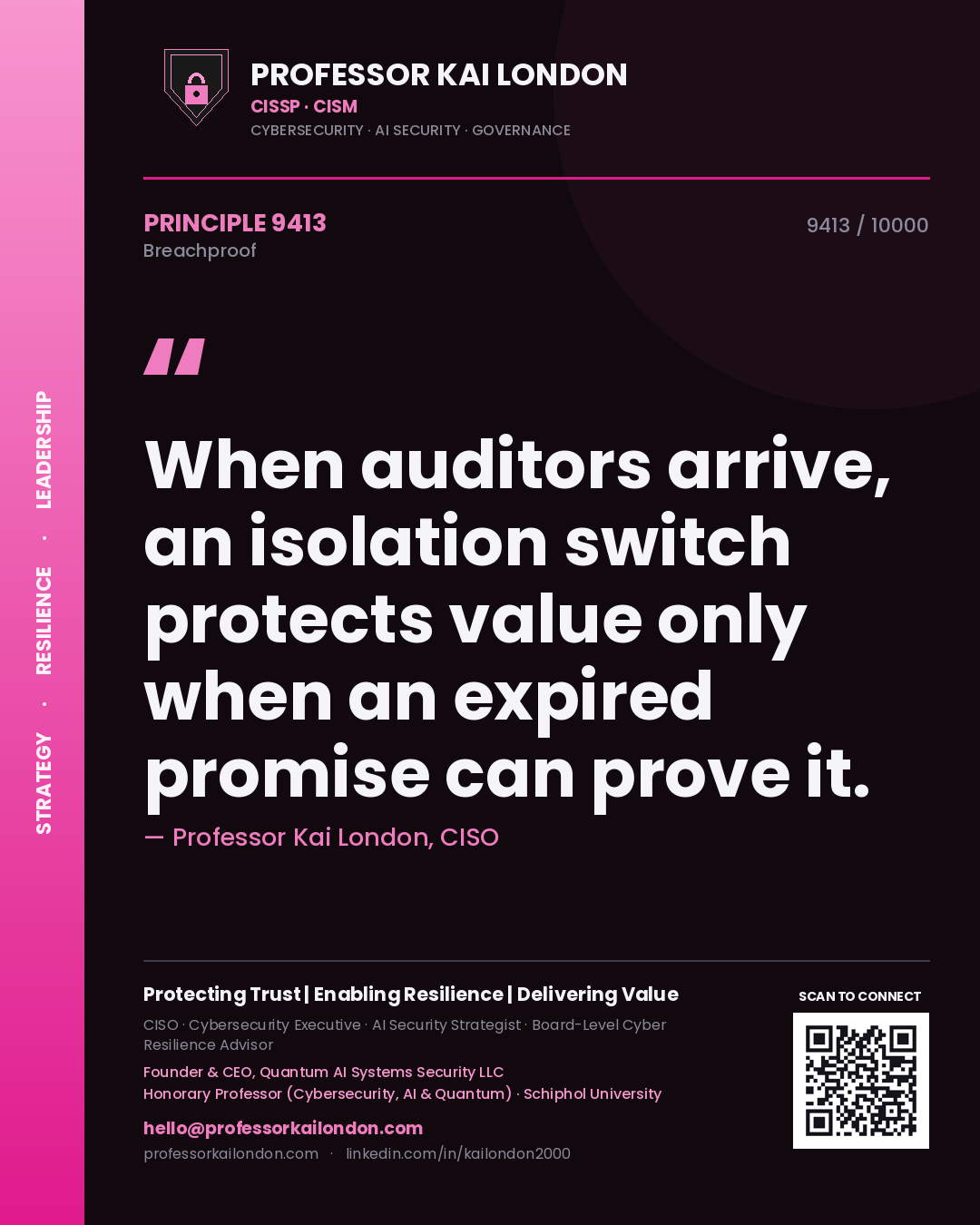 Quote card by Professor Kai London reading 'When auditors arrive, an isolation switch protects value only when an expired promise can prove it.'. From the book Breachproof.