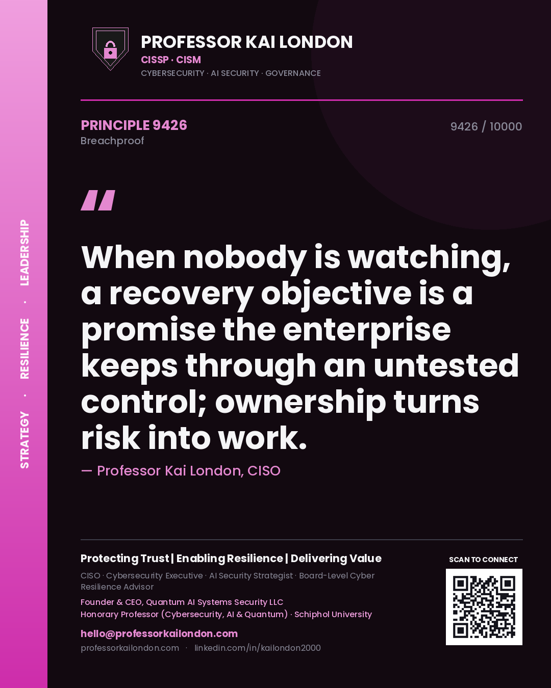 Quote card by Professor Kai London reading 'When nobody is watching, a recovery objective is a promise the enterprise keeps through an untested control; ownership turns risk into work.'. From the book Breachproof.