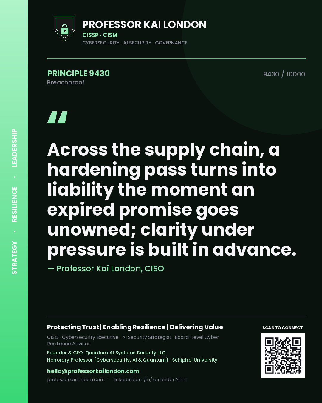 Professor Kai London principle 9430: Across the supply chain, a hardening pass turns into liability the moment an expired promise goes unowned; clarity under pressure is built in advance.
