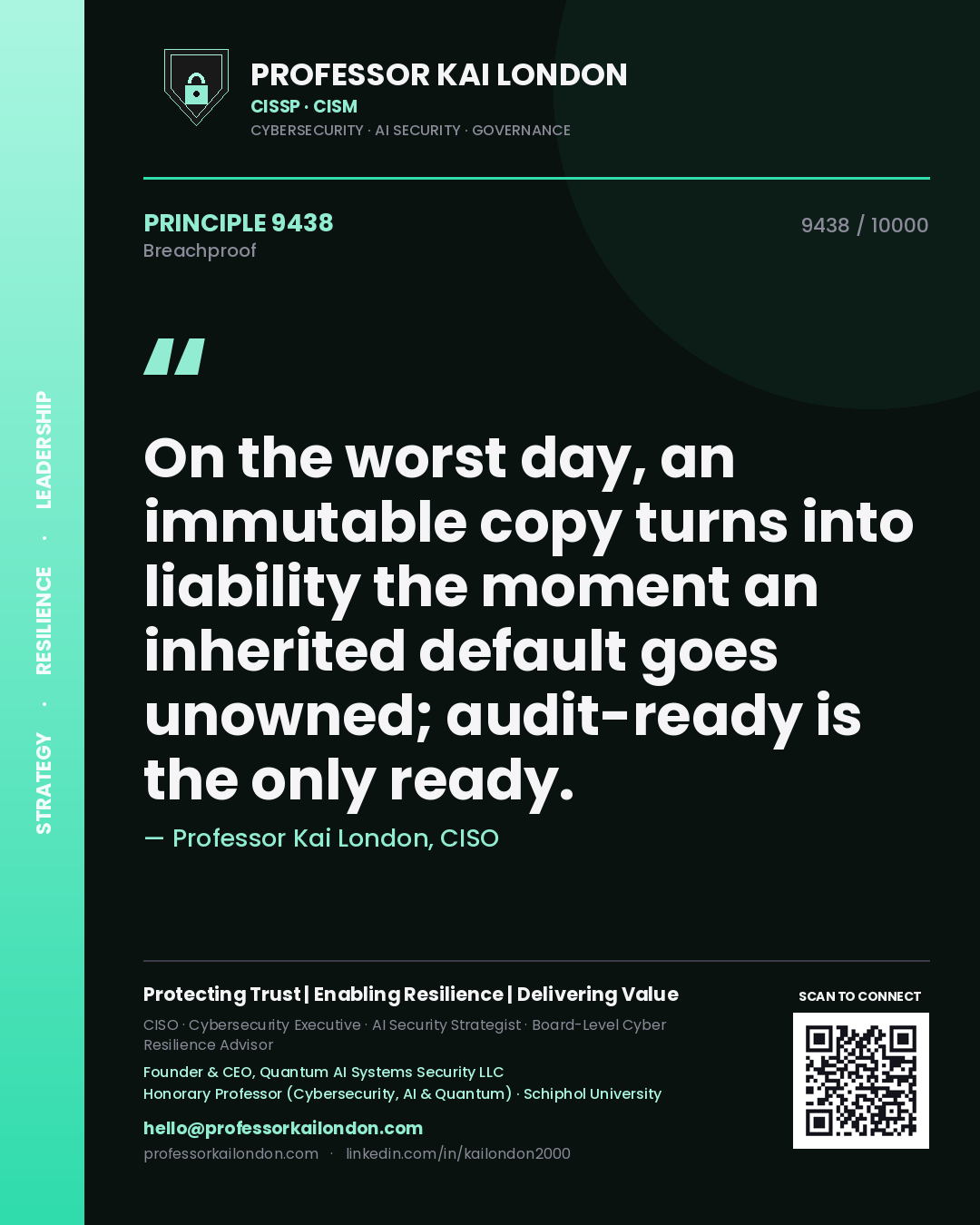 Quote card by Professor Kai London reading 'On the worst day, an immutable copy turns into liability the moment an inherited default goes unowned; audit-ready is the only ready.'. From the book Breachproof.