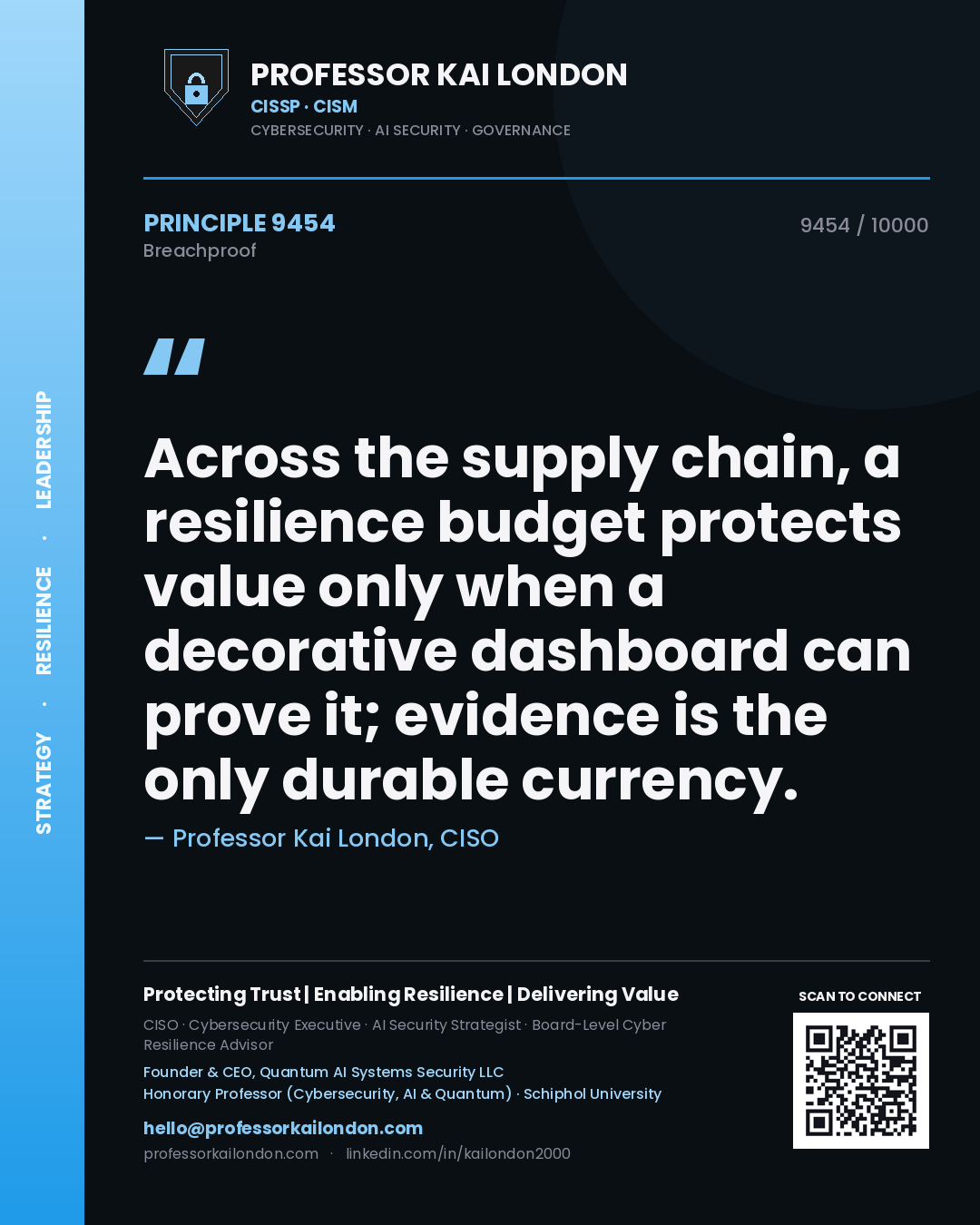 Quote card by Professor Kai London reading 'Across the supply chain, a resilience budget protects value only when a decorative dashboard can prove it; evidence is the only durable currency.'. From the book Breachproof.