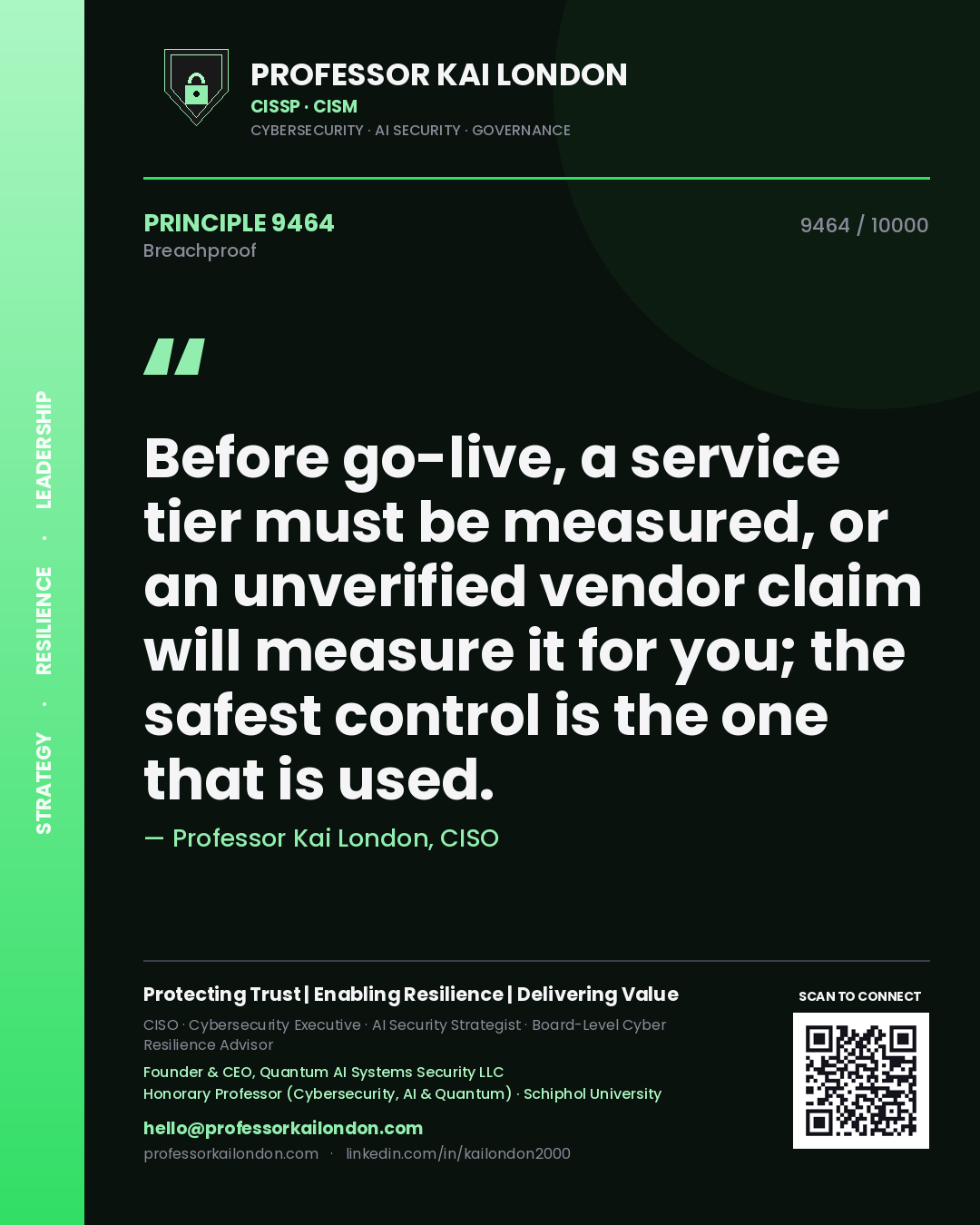 Quote card by Professor Kai London reading 'Before go-live, a service tier must be measured, or an unverified vendor claim will measure it for you; the safest control is the one that is used.'. From the book Breachproof.