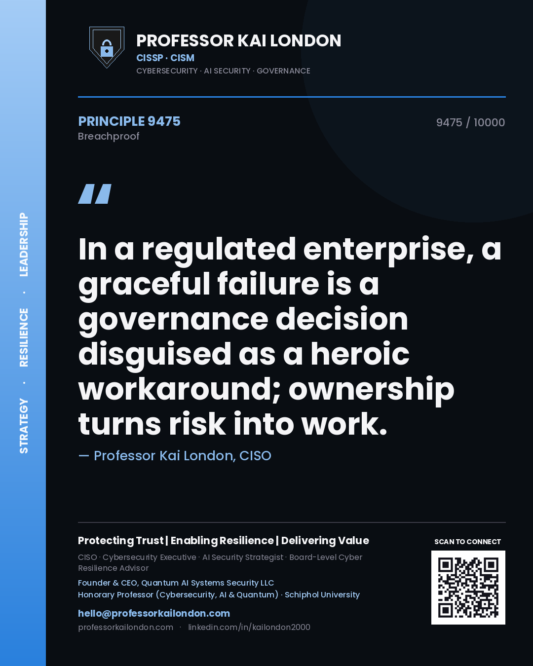 Quote card by Professor Kai London reading 'In a regulated enterprise, a graceful failure is a governance decision disguised as a heroic workaround; ownership turns risk into work.'. From the book Breachproof.