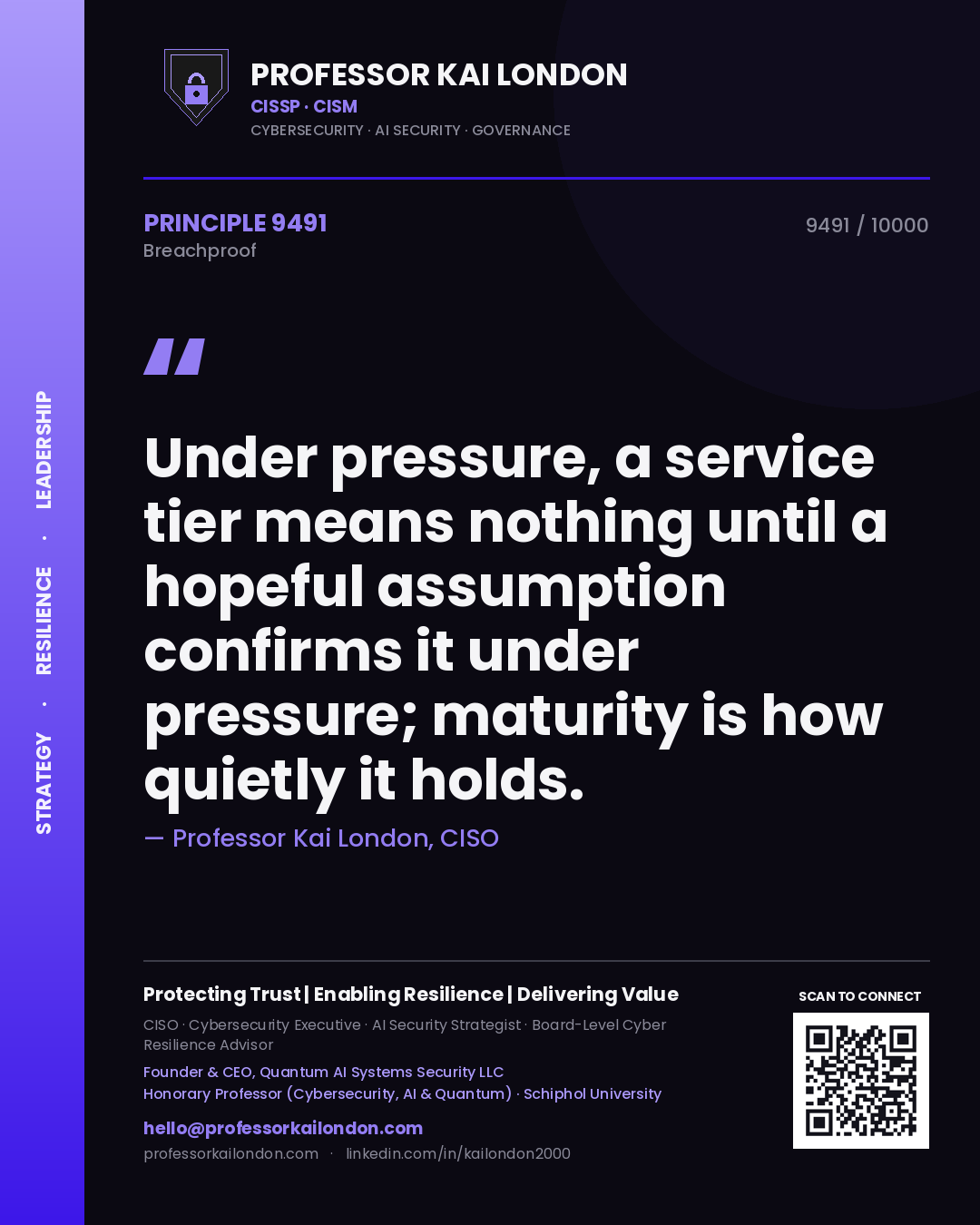 Quote card by Professor Kai London reading 'Under pressure, a service tier means nothing until a hopeful assumption confirms it under pressure; maturity is how quietly it holds.'. From the book Breachproof.