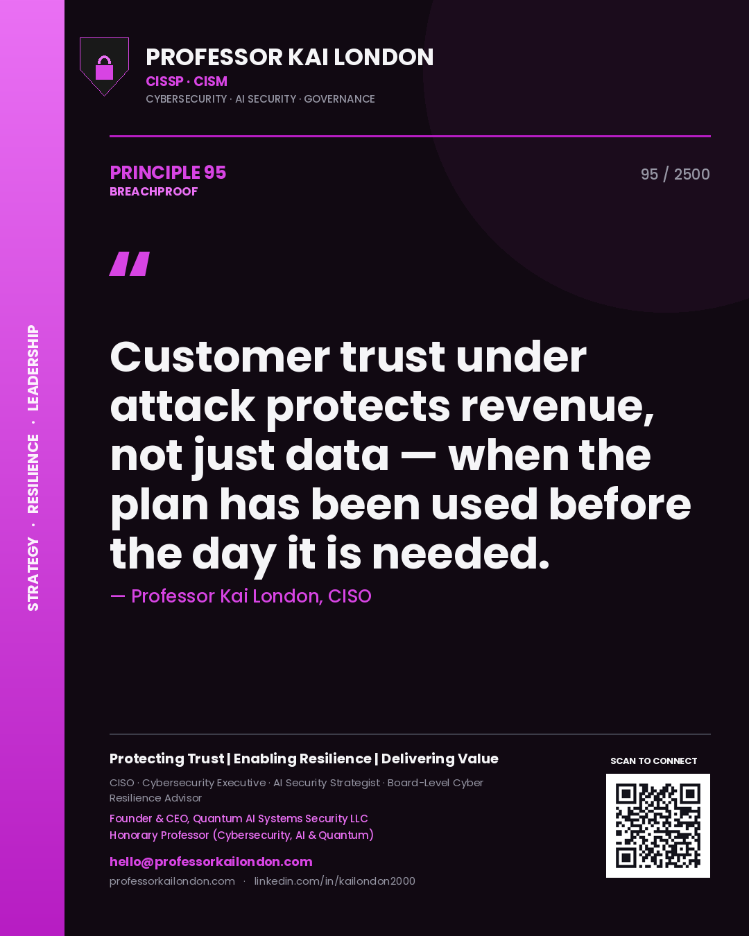 Quote card by Professor Kai London reading 'Customer trust under attack protects revenue, not just data — when the plan has been used before the day it is needed.'. From the book Breachproof.