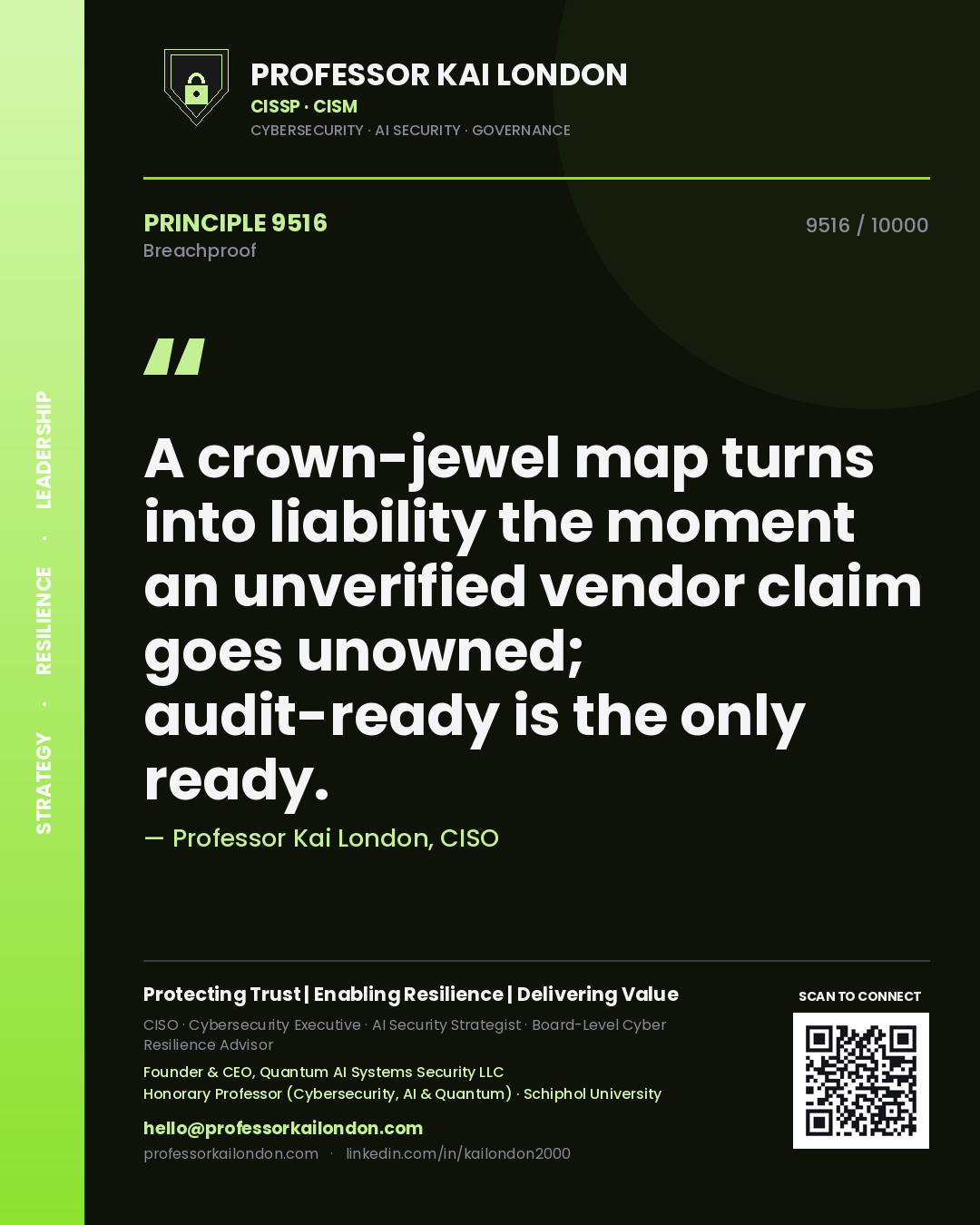 Quote card by Professor Kai London reading 'A crown-jewel map turns into liability the moment an unverified vendor claim goes unowned; audit-ready is the only ready.'. From the book Breachproof.