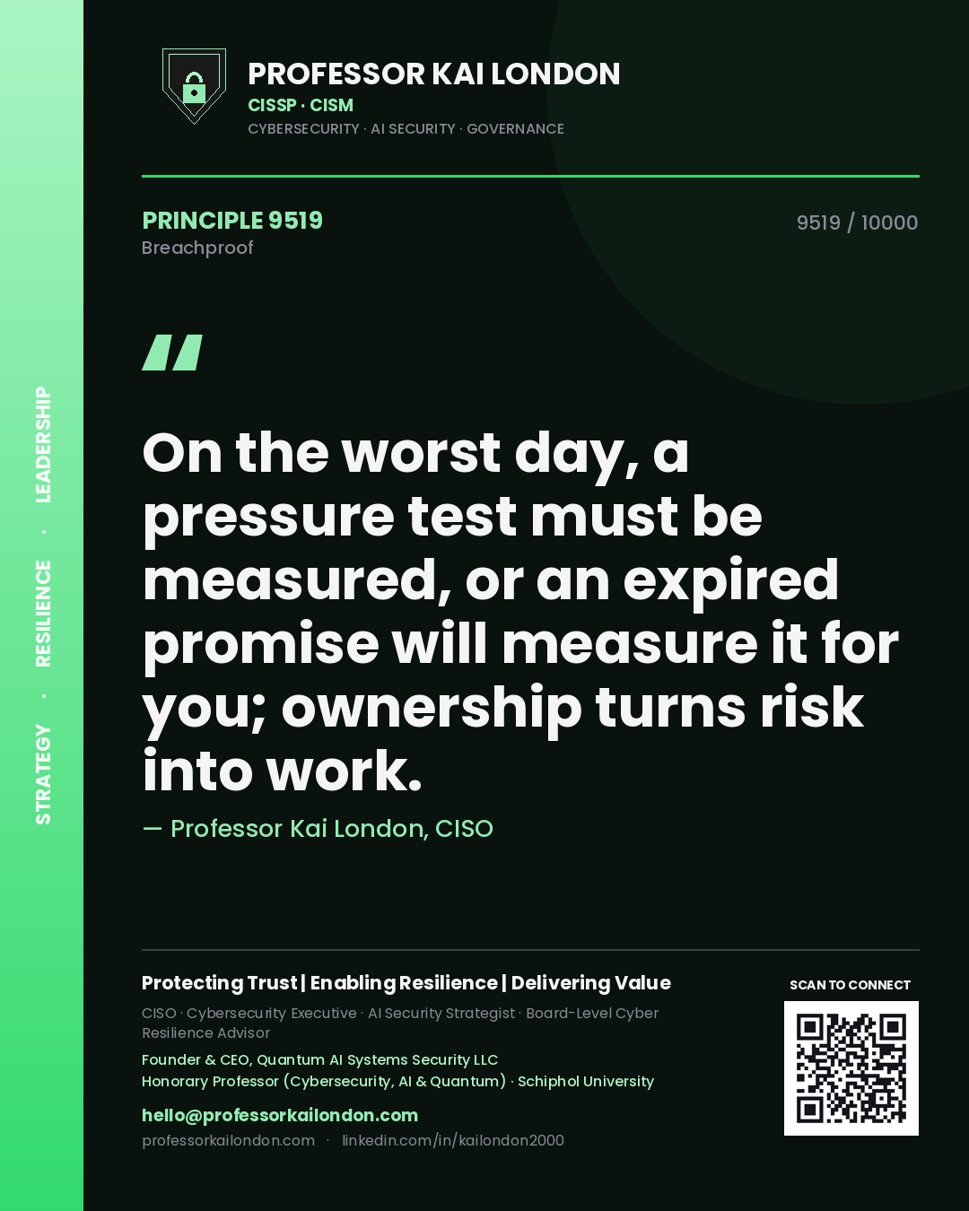 Professor Kai London principle 9519: On the worst day, a pressure test must be measured, or an expired promise will measure it for you; ownership turns risk into work.