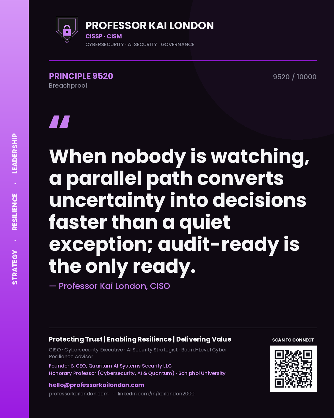 Quote card by Professor Kai London reading 'When nobody is watching, a parallel path converts uncertainty into decisions faster than a quiet exception; audit-ready is the only ready.'. From the book Breachproof.
