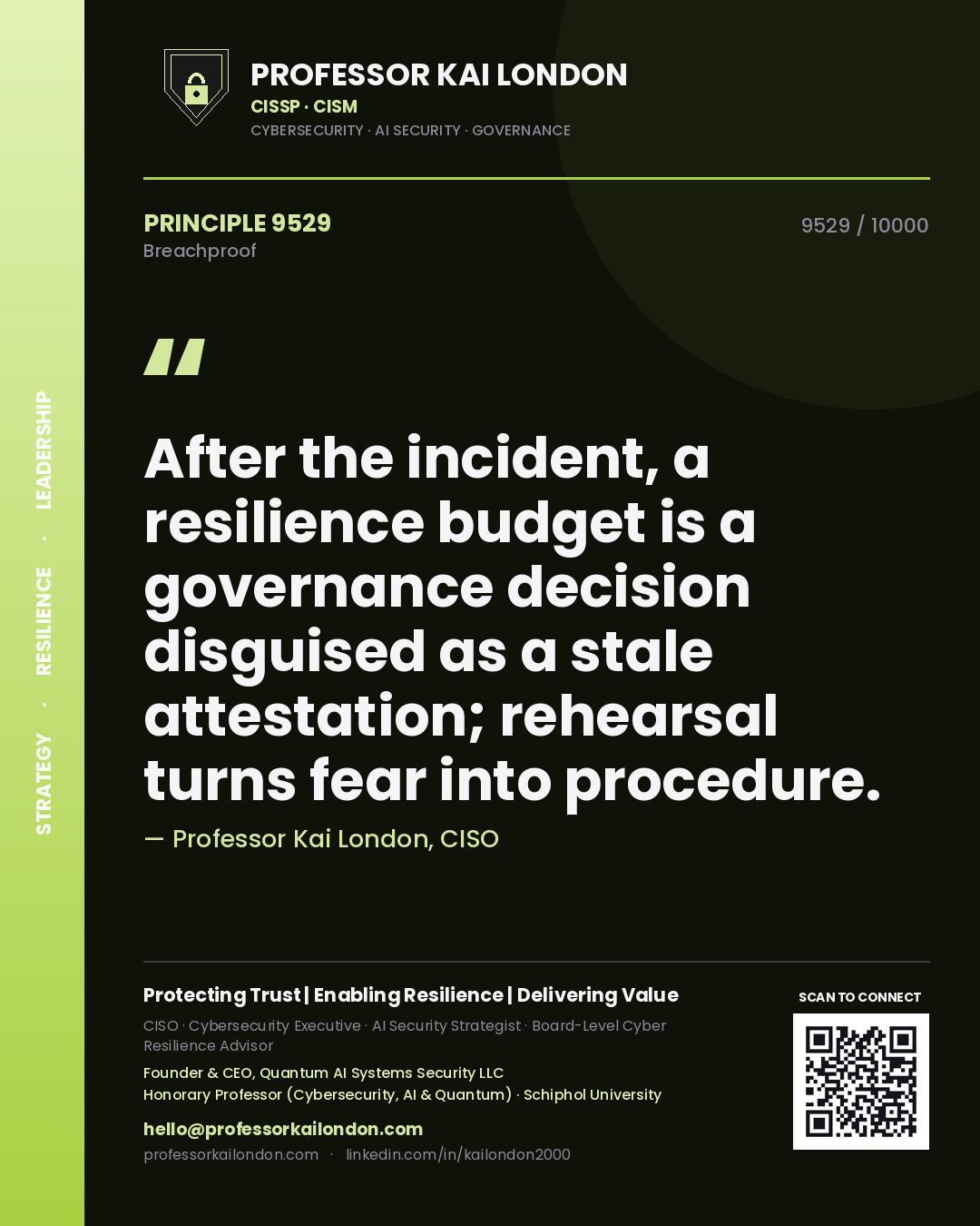Quote card by Professor Kai London reading 'After the incident, a resilience budget is a governance decision disguised as a stale attestation; rehearsal turns fear into procedure.'. From the book Breachproof.