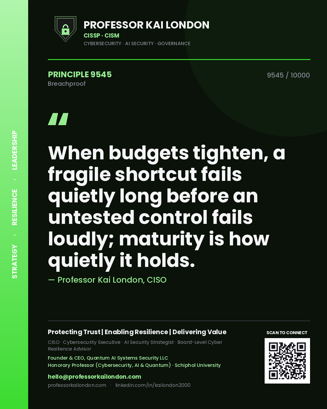 Quote card by Professor Kai London reading 'When budgets tighten, a fragile shortcut fails quietly long before an untested control fails loudly; maturity is how quietly it holds.'. From the book Breachproof.