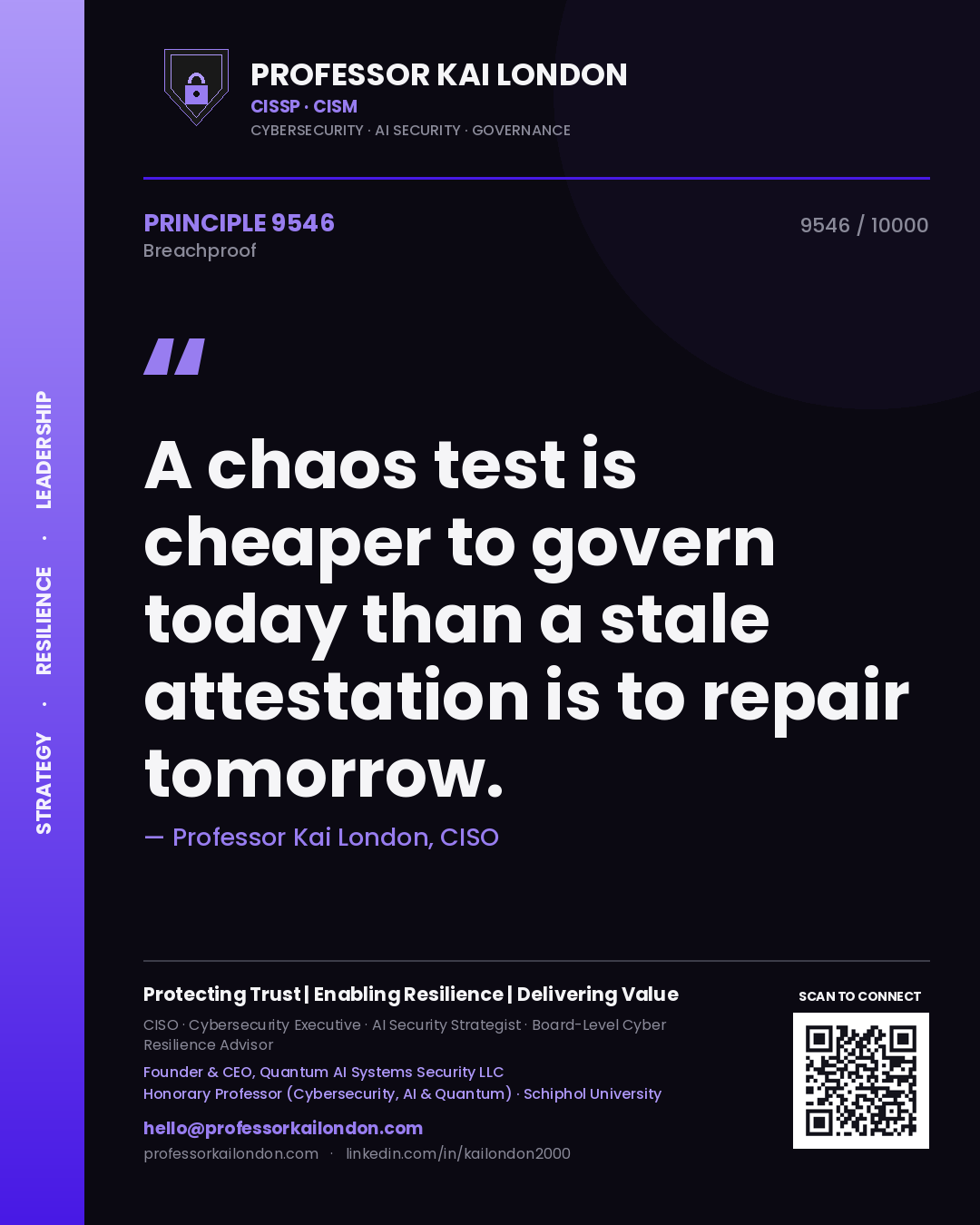 Quote card by Professor Kai London reading 'A chaos test is cheaper to govern today than a stale attestation is to repair tomorrow.'. From the book Breachproof.
